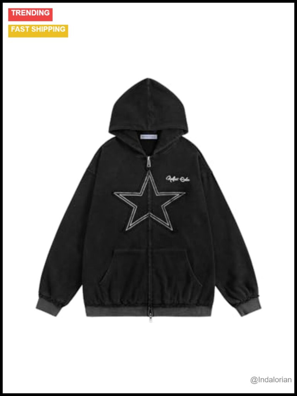 Vintage Washed Oversized Zip Up Star Print Hoodie Streetwear Y2K Sweatshirt